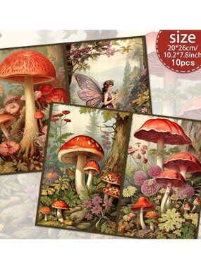 10pk A4 Paper Vintage Mushroom and Fairy Themed Scrapbooking Paper Set